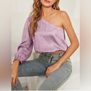 Women's Cute Satin One Shoulder Puff Long Sleeve Blouse Shirt Top Pink …